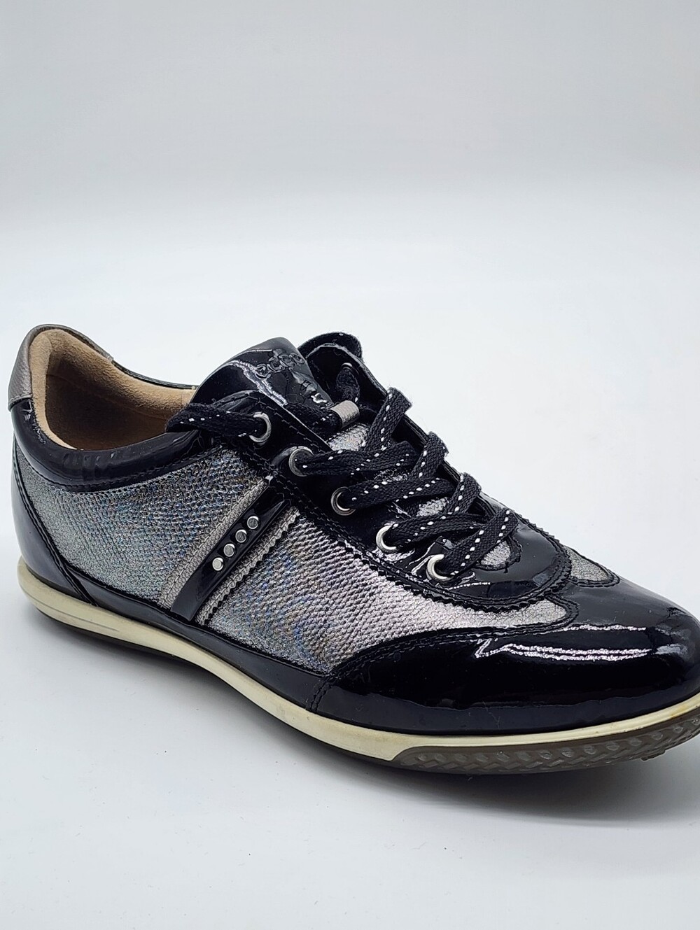 Ecco Hydromax Women Golf Shoe Black Silver Leather Spikeless US Size 6.5 Euro 37